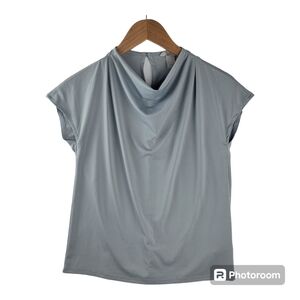 H&M Key Hole Short Sleeve Shirt Blue Gray SMALL Cap Sleeve Minimalist Natural